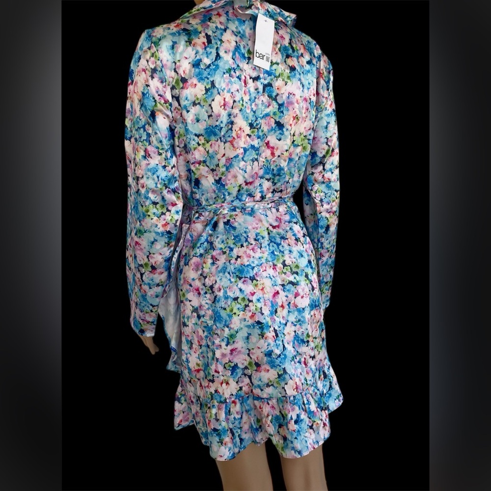 BAR III Petite Floral-Print Ruffled Tie-Waist Satin Wrap Dress Size MP - Picture 8 of 12